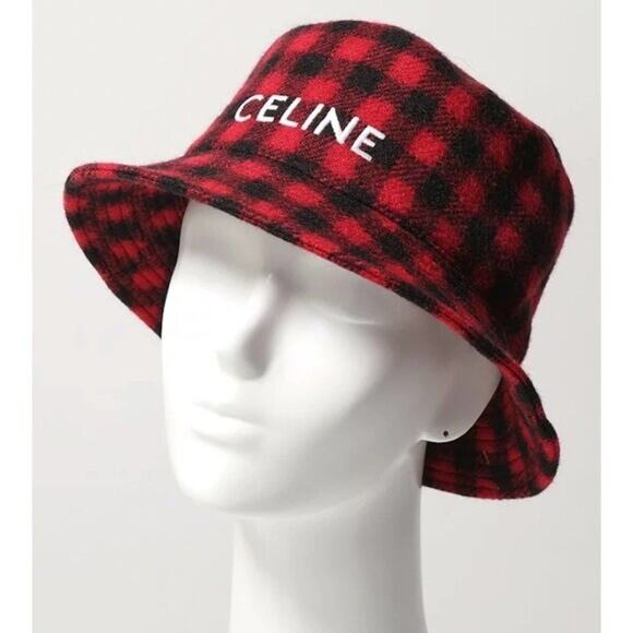 Celine Paris Black Red Checkered Check Wool White Logo Sun Fall Bucket Hat M